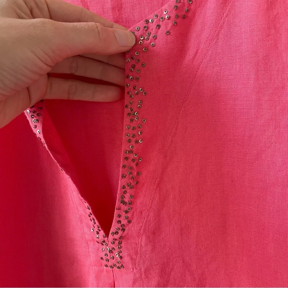 Eileen Fisher 100% Irish Linen Split Neck Tunic Grapefruit Sz XL Coastal Sequins
